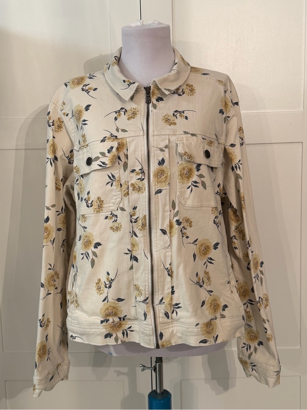Floral Zip-Front Cream Denim Jacket by Sonoma 1x